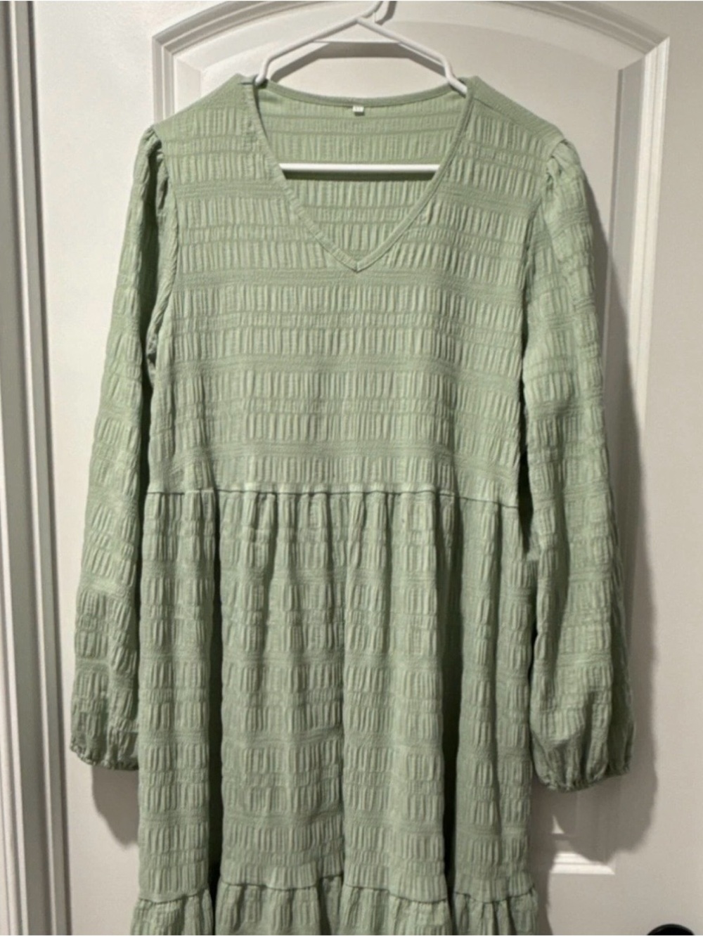 V-Neck Sage Green Textured Long Sleeve Dress